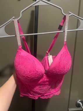 Victoria's Secret Neon Pink Lace Longline Bralette with Rhinestone Straps
